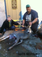 Man and boy holding killed buck